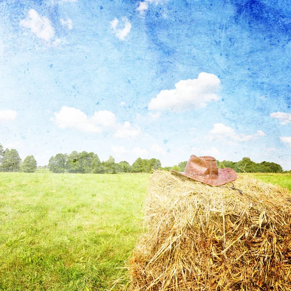 Paesaggio Estivo Con Cappello Cowboy Sul Pagliaio — Foto Stock