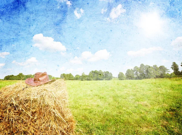 Paisagem Verão Com Chapéu Cowboy Palheiro — Fotografia de Stock