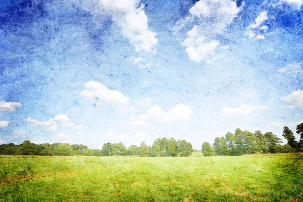 Όμορφο Καλοκαιρινό Τοπίο Πράσινο Γρασίδι Και Μπλε Συννεφιασμένο Ουρανό — Φωτογραφία Αρχείου