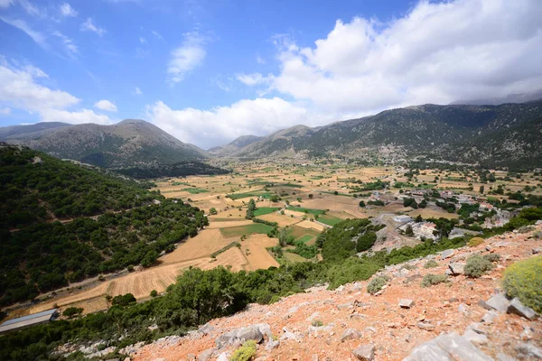 小麦のフィールドを持つクレタ島の山の風景 ギリシャ — ストック写真