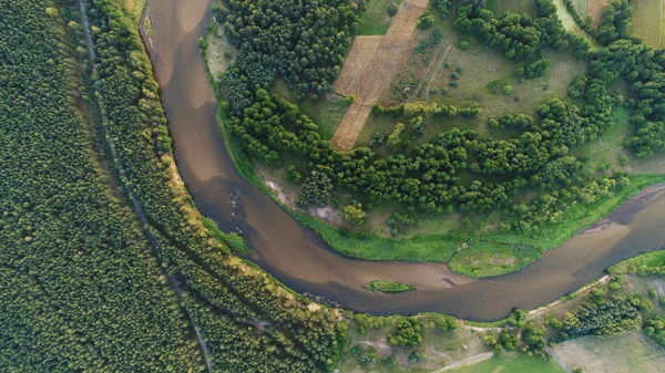 Повітряний Вид Красивий Літній Пейзаж Річкою — стокове фото