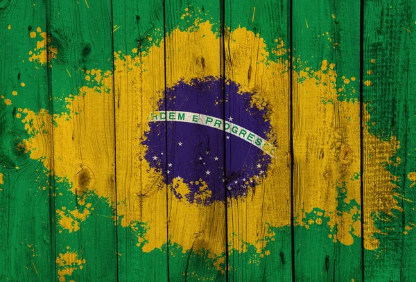 Régi Fából Készült Falra Festett Brazília Zászló — Stock Fotó