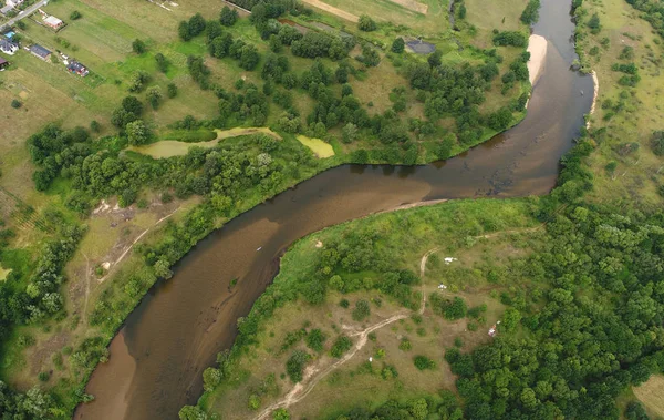 Αεροφωτογραφία Του Όμορφο Καλοκαιρινό Τοπίο Ποτάμι — Φωτογραφία Αρχείου