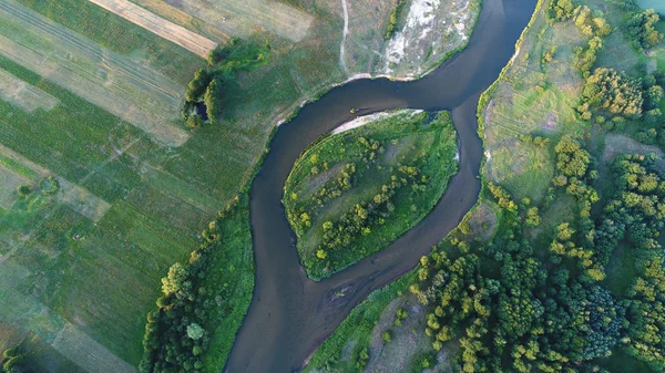 Воздушный Вид Красивый Летний Пейзаж Рекой — стоковое фото