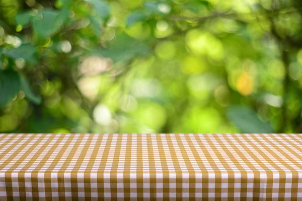 Mesa Vazia Com Toalha Mesa Quadriculada Colorida — Fotografia de Stock