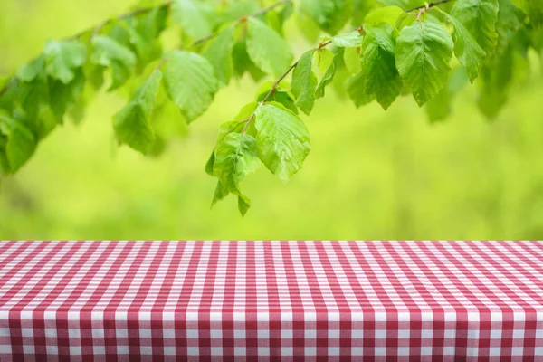 Tavolo Vuoto Con Tovaglia Quadretti Colori Sfondo Naturale Sfocato — Foto Stock