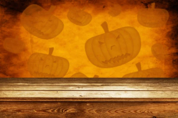 Leerer Holztisch Mit Halloween Kürbissen Auf Hintergrund — Stockfoto