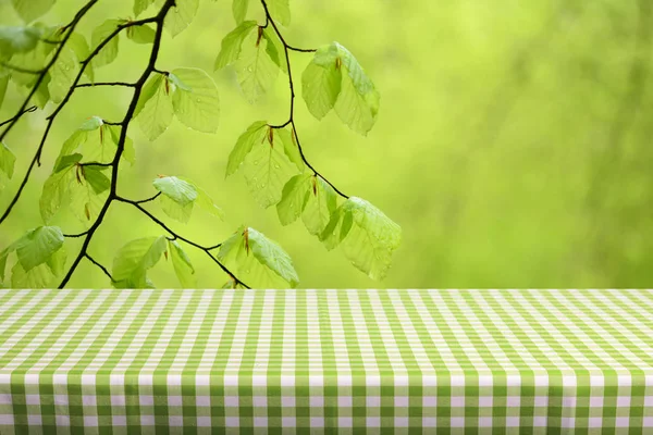 Empty Table Color Checkered Tablecloth Blurred Natural Background — Stock Photo, Image