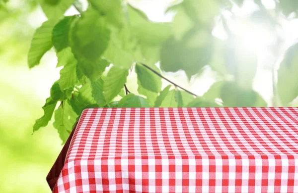 Tom Tabell Med Färg Rutig Duk Och Suddig Naturliga Bakgrund — Stockfoto