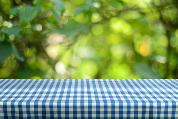 Mesa Vazia Com Toalha Mesa Quadriculada Colorida — Fotografia de Stock