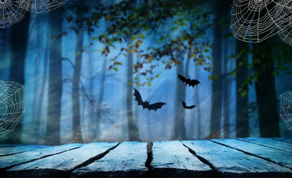 Hátborzongató Halloween Háttér Üres Fából Készült Asztal — Stock Fotó