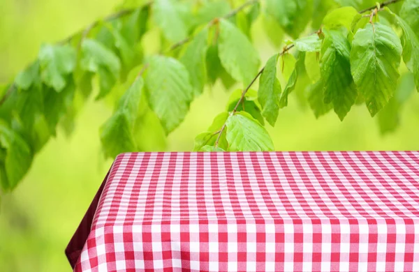 Lege Tabel Met Kleur Geruit Tafelkleed Natuurlijke Achtergrond Wazig — Stockfoto