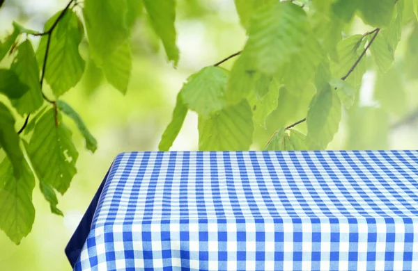 Empty Table Color Checkered Tablecloth Blurred Natural Background — Stock Photo, Image