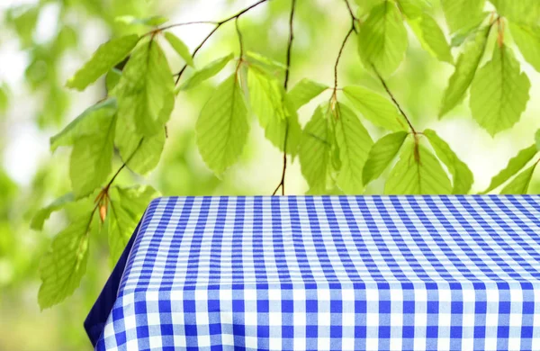 Table Vide Avec Nappe Carreaux Couleur Fond Naturel Flou — Photo