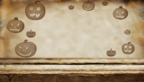 Tom Träbord Med Halloweenpumpor Bakgrund — Stockfoto