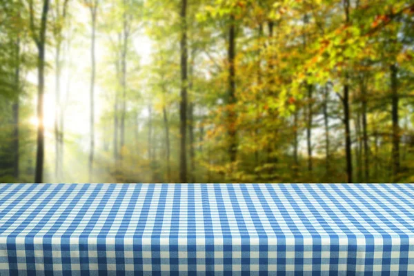 Empty Table Colored Checkered Tablecloth — Stock Photo, Image