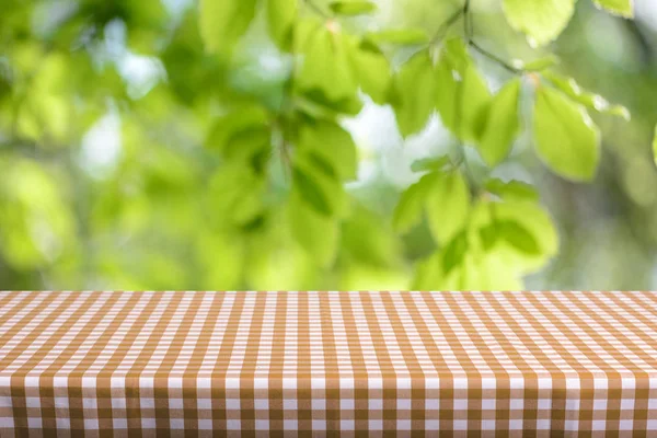 Mesa Vazia Com Toalha Mesa Quadriculada Colorida — Fotografia de Stock