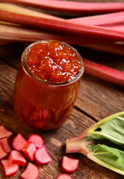 Delicious homemade rhubarb jam in glass jar