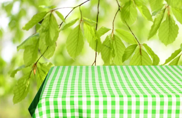 Mesa Vazia Com Toalha Mesa Quadriculada Cores Fundo Natural Desfocado — Fotografia de Stock