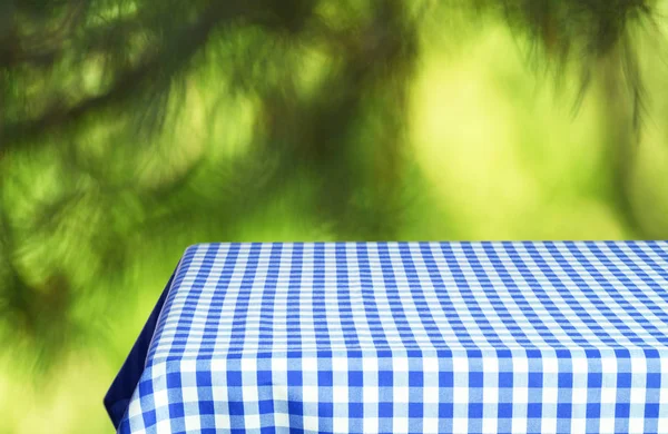 Lege Tabel Met Kleur Geruit Tafelkleed Natuurlijke Achtergrond Wazig — Stockfoto