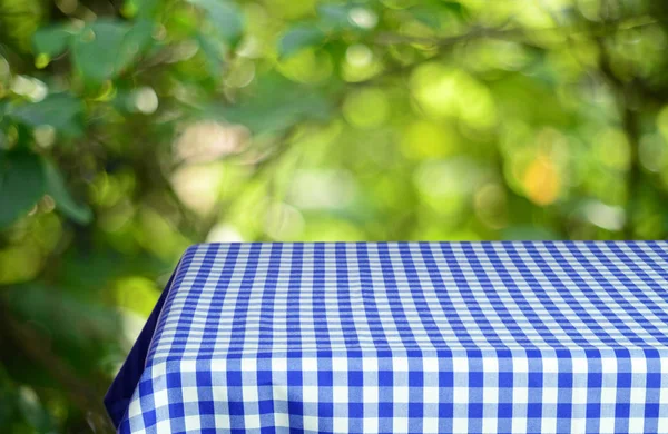 Mesa Vazia Com Toalha Mesa Quadriculada Colorida — Fotografia de Stock