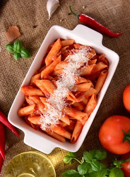 Delicious Arabiata Pasta Cheese Basil Leaves — Stock Photo, Image