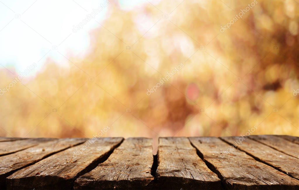 Empty wooden table with blurred natural background