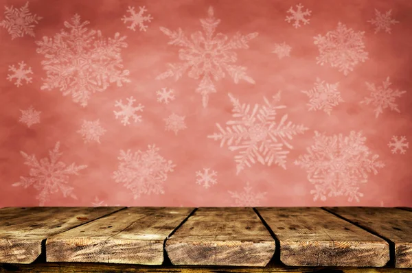 Mesa Madera Vacía Sobre Fondo Navideño Con Copos Nieve —  Fotos de Stock