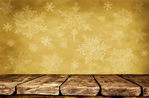 Mesa Madera Vacía Sobre Fondo Navideño Con Copos Nieve —  Fotos de Stock