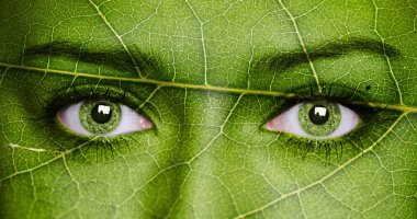 Leaf texture on human face. Ecology concept. clipart