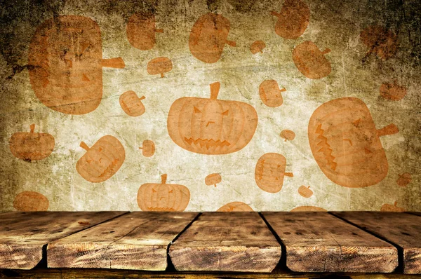 Mesa Madeira Vazia Com Abóboras Halloween Fundo — Fotografia de Stock