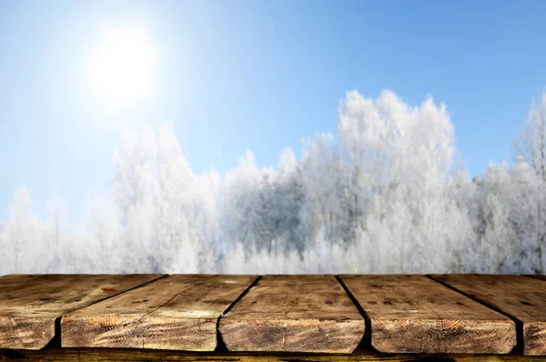 Pusty Stół Drewniany Niewyraźne Tło Naturalne — Zdjęcie stockowe