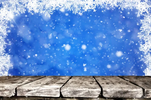 Mesa Madeira Vazia Sobre Fundo Natal Com Flocos Neve — Fotografia de Stock