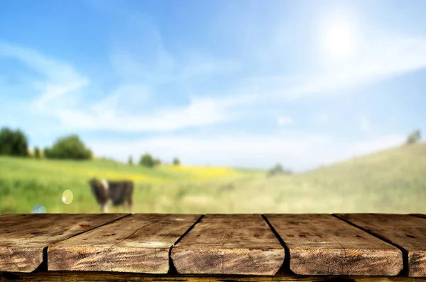 Lege Houten Tafel Met Onscherpe Natuurlijke Achtergrond — Stockfoto