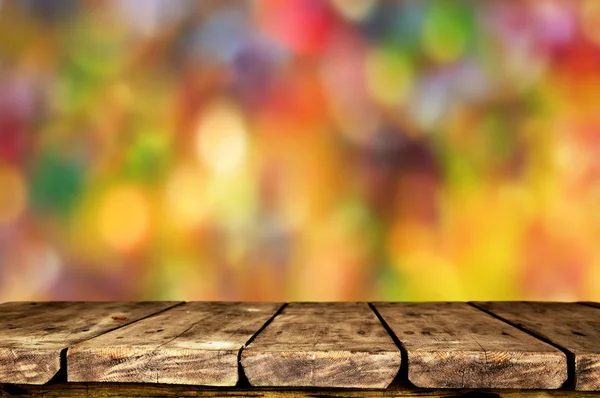 Pusty Stół Drewniany Bokeh Świateł Tle — Zdjęcie stockowe