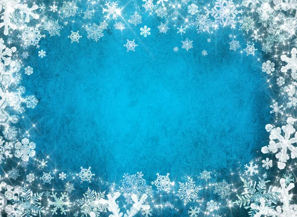Blå Jul Bakgrund Med Vita Snöflingor Och Stjärnor — Stockfoto