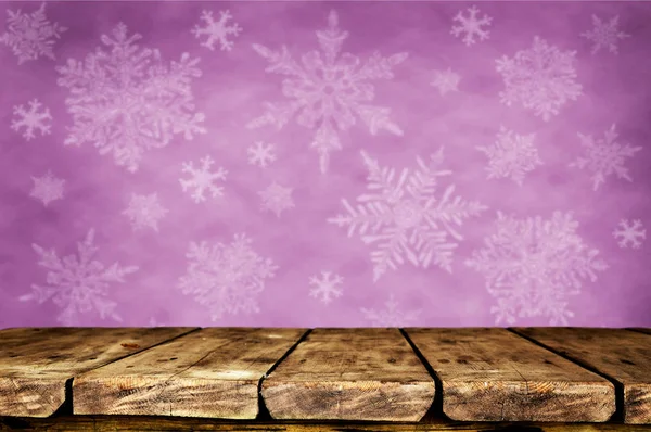Prázdnou Dřevěný Stůl Vánoční Pozadí Sněhové Vločky — Stock fotografie