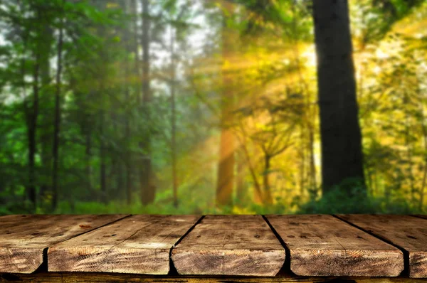 Mesa Madera Vacía Con Fondo Natural Borroso — Foto de Stock