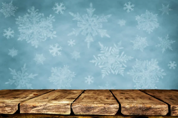 Mesa Madera Vacía Sobre Fondo Navideño Con Copos Nieve — Foto de Stock