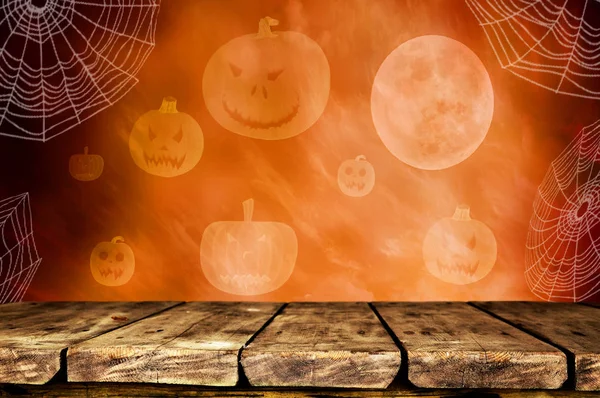 Mesa Madeira Vazia Com Abóboras Halloween Fundo — Fotografia de Stock