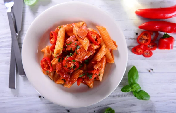 Deliciosa Pasta Penne Con Salsa Chile Arrabiata — Foto de Stock