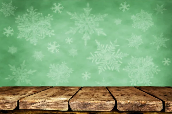 Empty Wooden Table Christmas Background Snowflakes — Stock Photo, Image