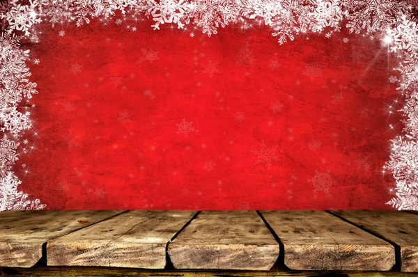 Empty Wooden Table Christmas Background Snowflakes — Stock Photo, Image