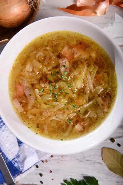 Вкусный Домашний Луковый Суп Вид Поближе — стоковое фото