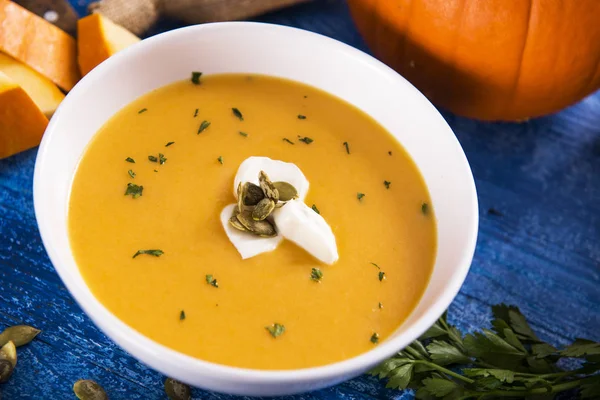 Délicieuse Soupe Citrouille Maison Dans Bol — Photo