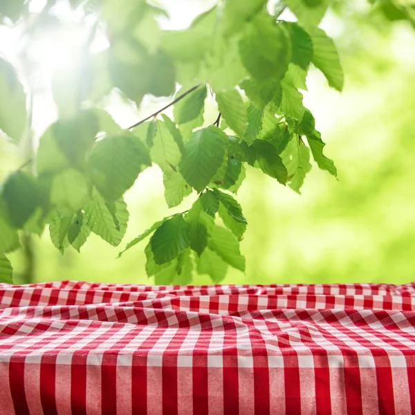 Lege Tabel Met Geruit Tafelkleed Onscherpe Natuurlijke Achtergrond — Stockfoto