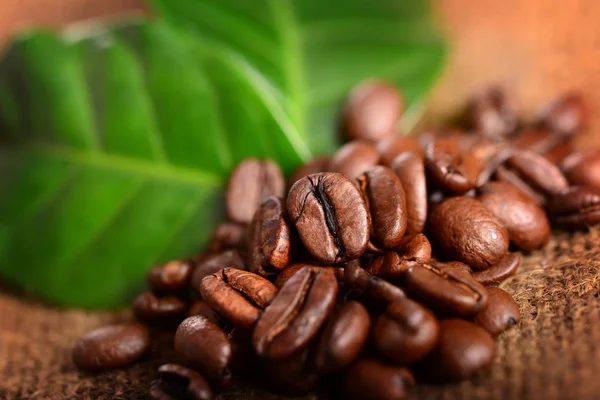 Närbild Bild Kaffebönor Med Gröna Blad — Stockfoto