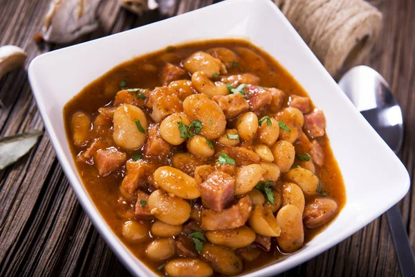 Fagioli Fatti Casa Con Salsa Ciotola Bianca — Foto Stock