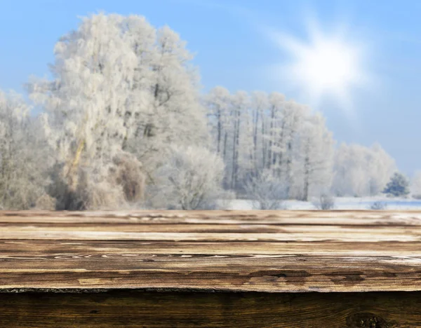 Mesa Madera Vacía Con Fondo Natural Borroso — Foto de Stock