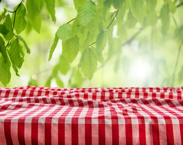 Mesa Vazia Com Toalha Mesa Quadriculada Fundo Natural Desfocado — Fotografia de Stock